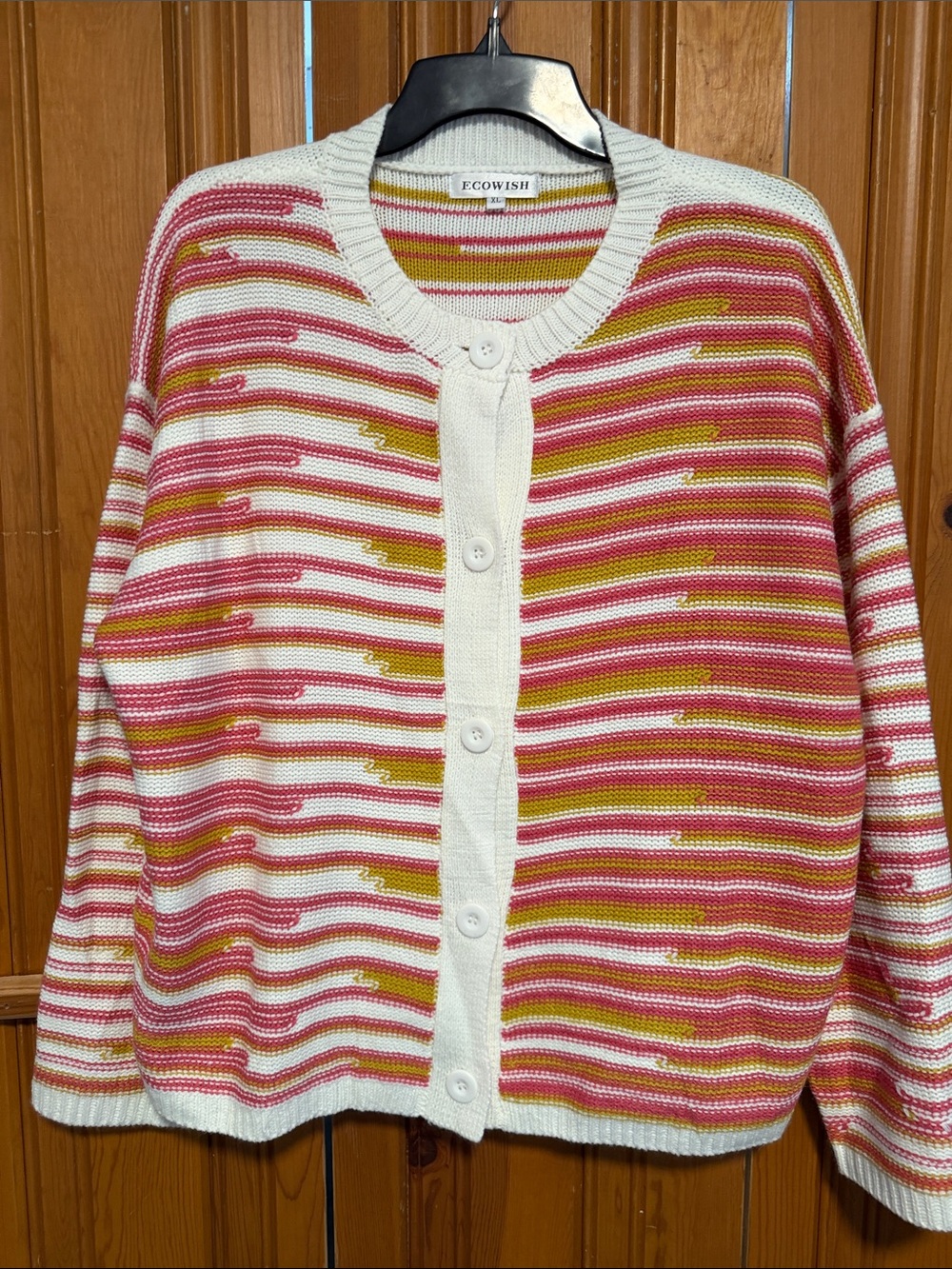 ECOWish Pink White and Yellow Striped Button-Front Cardigan